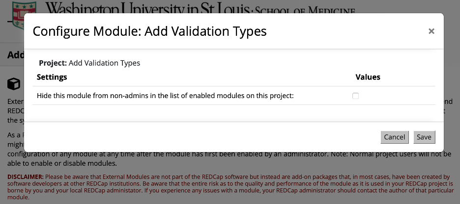 Post module installation dialog