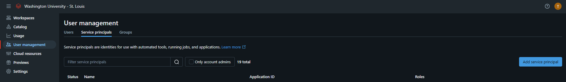 Databrick Accounts service principals page
